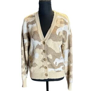 Lucky Brand Camouflage Wool Blend Button Front V-Neck Cardigan Sweater Size M
